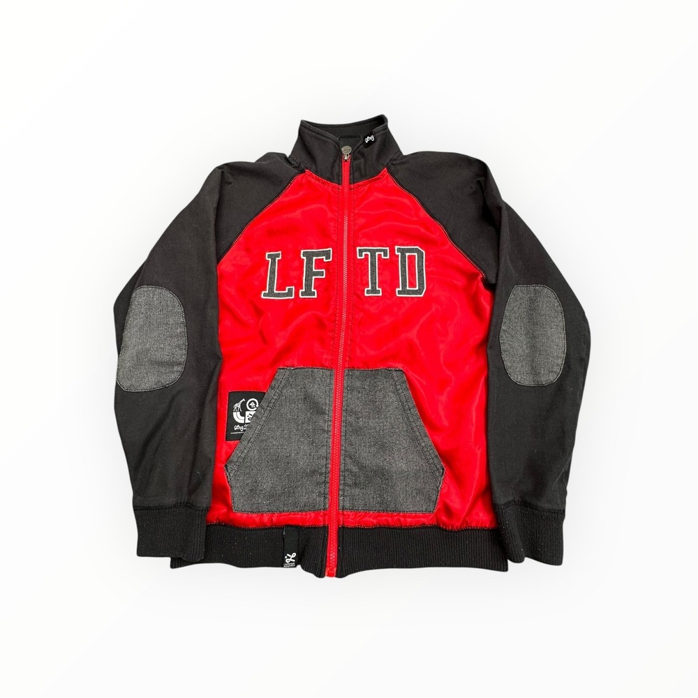 LRG Bomber Jacket Mens L Red Black LFTD Varsity Track Zip Up Elbow‎ Patches
